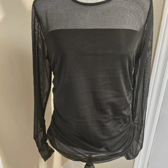 DKNY Mesh Sheer Top Gathered  Long Sleeve Lined Ruched Black size L - Picture 4 of 9